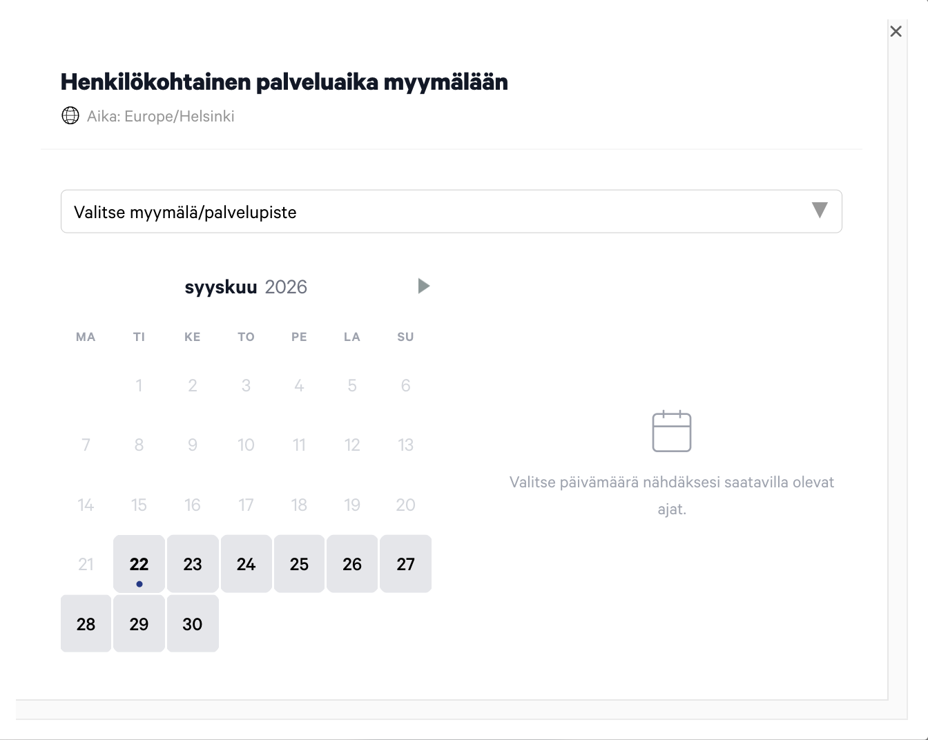 Unikulman uusi ajanvarausnäkymä, jossa näkyvät myymälän valinta ja kalenteri