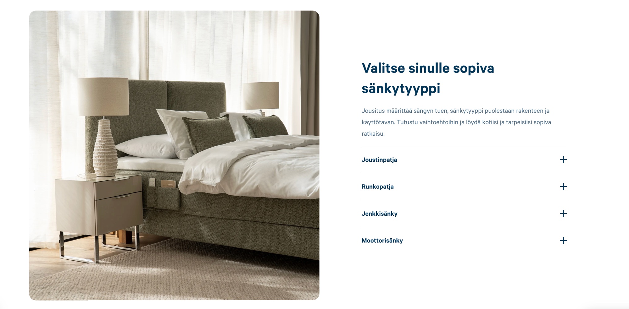 Unikulman sänkytyyppien accordion-osio ja siihen liittyvä sänkykuva.
