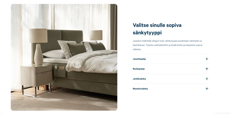 Itse koodattu sänkytyyppien accordion, jossa kuva vaihtuu valinnan mukana